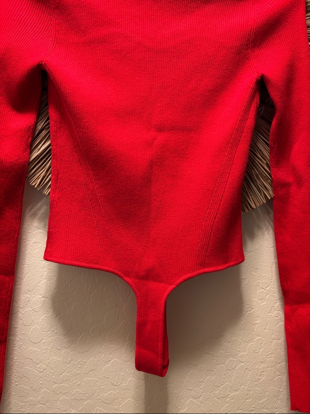 Square Neck Long Sleeve Red Ribbed Bodysuit - Picture 4 of 6